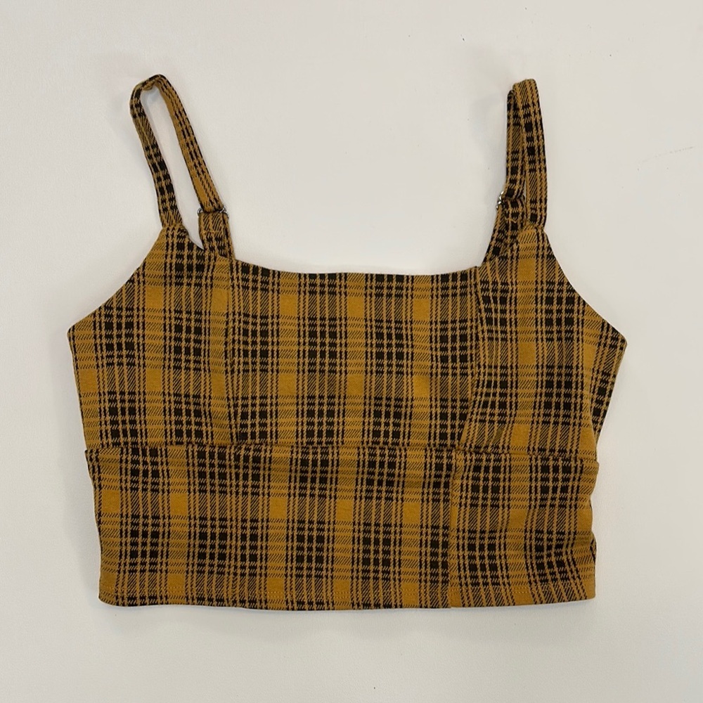 Stitch & Pine Fitted Tank Crop Top Women’s Plaid Sz Large Smocked black yellow